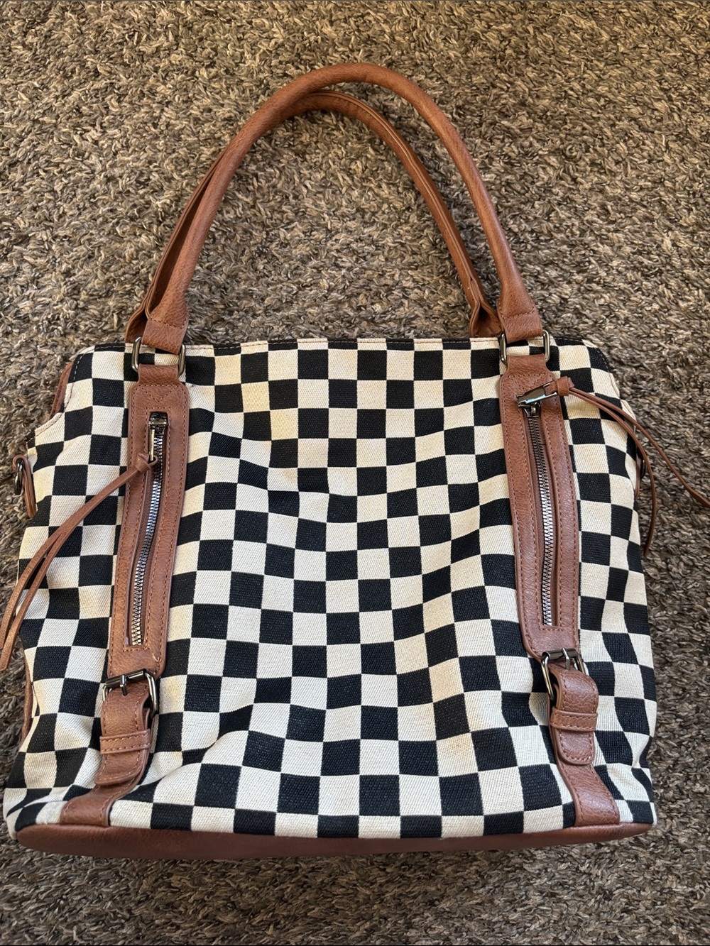 Checked Black & White Laptop Tote with Brown Trim